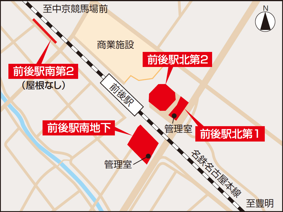 名鉄名古屋本線前後駅周辺の駐輪場の地図